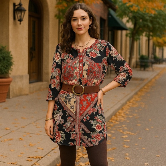 Anthropologie Fig and Flower Boho Floral Patchwork Tunic Dress Size L - Picture 15 of 16